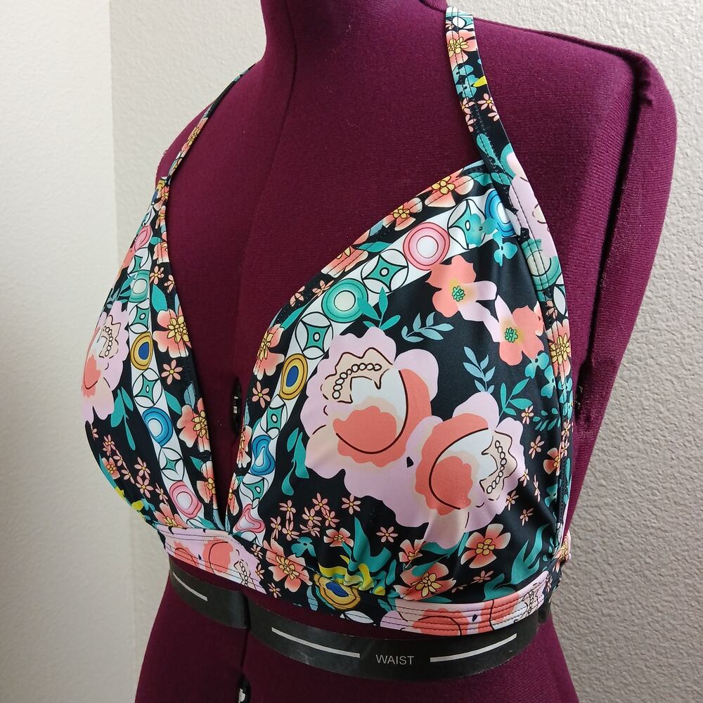 Black Floral Bikini Top 4XL halter tie plus size bra padding